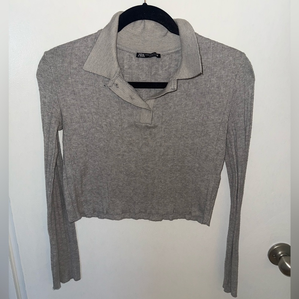 Zara Light Gray Ribbed Cropped Long Sleeve Polo